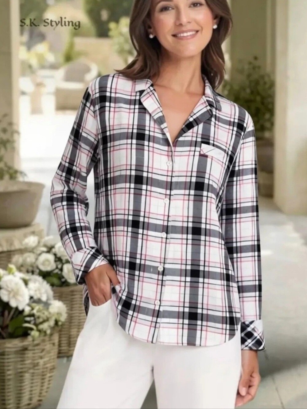 Victoria's Secret Black Pink & Silver Plaid Button Up Pajama Shirt Pocket Medium